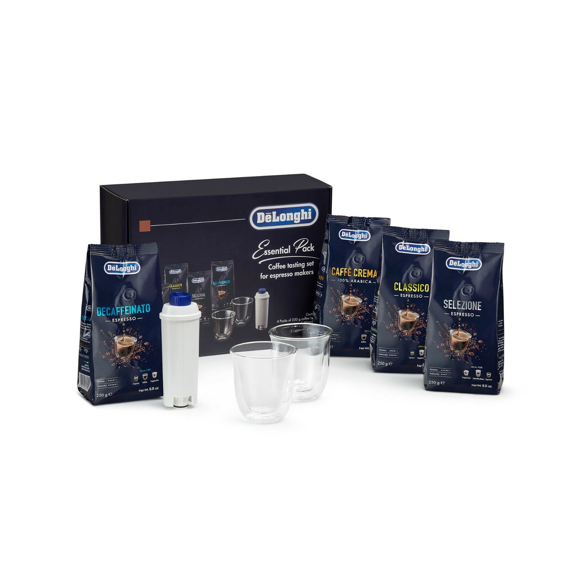 Delonghi set degustazione caffè in chicchi Essential + filtro + tazze cappuccino